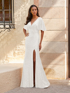 Sequined V-Neck Gown In Ivory
