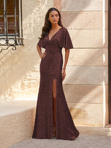 Sequined V-Neck Gown In Mahogany Matte