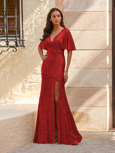 Sequined V-Neck Gown In Red