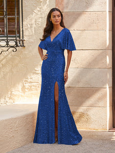 Sequined V-Neck Gown In Royal