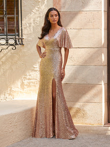 Sequined V-Neck Gown In Rose Gold