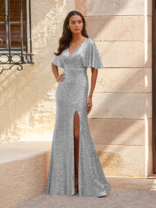 Sequined V-Neck Gown In Silver Matte