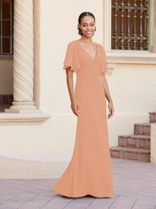 Fit-And-Flare Gown With Flutter Sleeves In Cantaloupe
