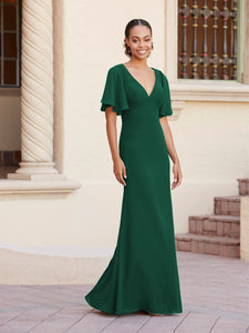 Fit-And-Flare Gown With Flutter Sleeves In Emerald Green