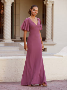 Fit-And-Flare Gown With Flutter Sleeves In Romance