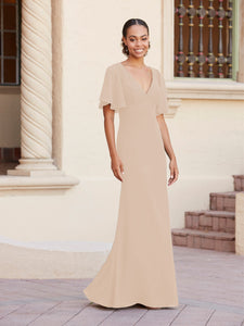 Fit-And-Flare Gown With Flutter Sleeves In Blush Pink