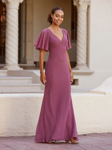 Fit-And-Flare Gown With Flutter Sleeves In