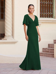 Fit-And-Flare Gown With Flutter Sleeves In Hunter Green