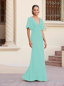 Fit-And-Flare Gown With Flutter Sleeves In Aqua
