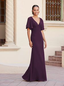 Fit-And-Flare Gown With Flutter Sleeves In Aubergine