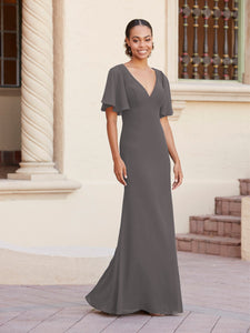 Fit-And-Flare Gown With Flutter Sleeves In Charcoal