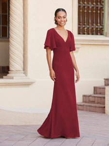 Fit-And-Flare Gown With Flutter Sleeves In Claret