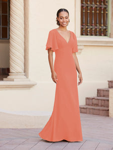 Fit-And-Flare Gown With Flutter Sleeves In Coral
