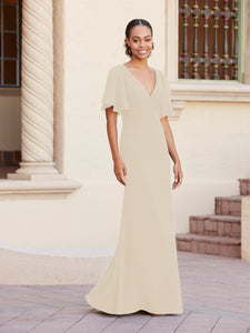 Fit-And-Flare Gown With Flutter Sleeves In Latte