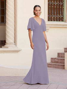 Fit-And-Flare Gown With Flutter Sleeves In Lilac