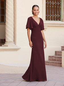 Fit-And-Flare Gown With Flutter Sleeves In Mahogany