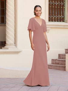Fit-And-Flare Gown With Flutter Sleeves In Mauve