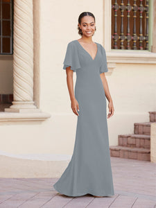 Fit-And-Flare Gown With Flutter Sleeves In Misty Blue