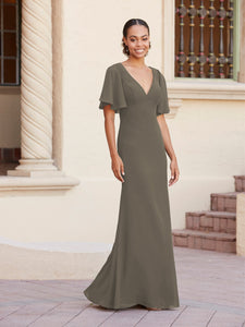 Fit-And-Flare Gown With Flutter Sleeves In Mink