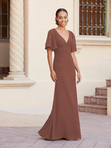 Fit-And-Flare Gown With Flutter Sleeves In Marsala