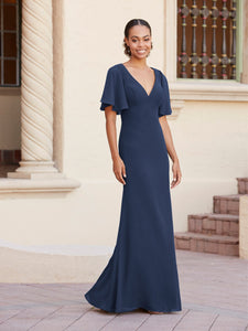 Fit-And-Flare Gown With Flutter Sleeves In Navy