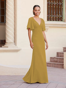 Fit-And-Flare Gown With Flutter Sleeves In Ochre