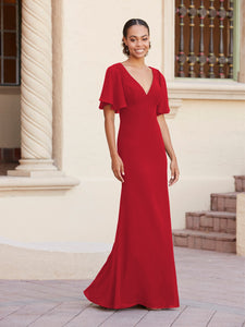 Fit-And-Flare Gown With Flutter Sleeves In Red