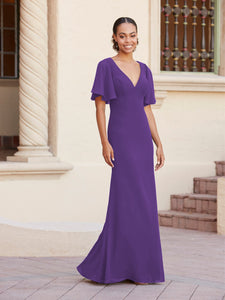Fit-And-Flare Gown With Flutter Sleeves In Royal Purple