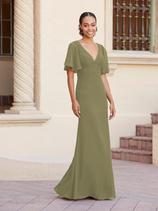 Fit-And-Flare Gown With Flutter Sleeves In Sage