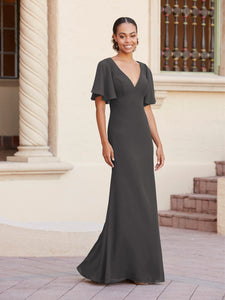 Fit-And-Flare Gown With Flutter Sleeves In Smoke