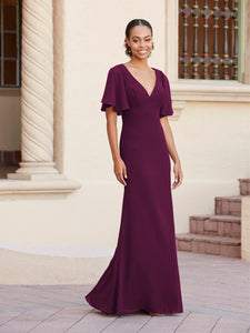 Fit-And-Flare Gown With Flutter Sleeves In Sangria