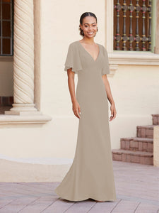 Fit-And-Flare Gown With Flutter Sleeves In Taupe