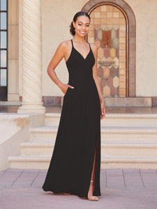 Faux Wrap A-Line Gown In Black
