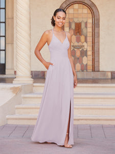 Faux Wrap A-Line Gown In Dusty Lavender