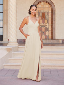 Faux Wrap A-Line Gown In Latte