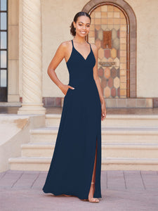 Faux Wrap A-Line Gown In Navy
