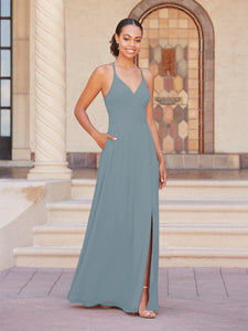 Faux Wrap A-Line Gown In Slate