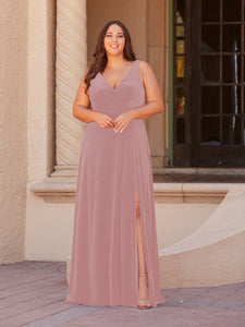 Faux Wrap A-Line Gown In Dusty Rose
