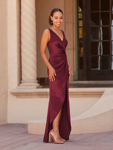Faux Wrap Satin Gown In Mahogany