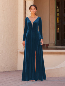 Velvet A-Line Gown In Ocean Blue
