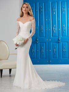 Off The Shoulder Gown With Lace Sleeves In Ivory