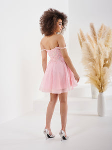 Diamond Glitter Tulle And Lace Short A-Line Dress In Blush