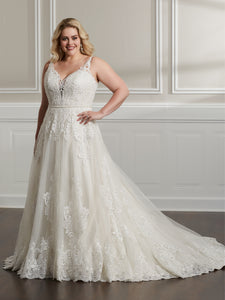 A-Line Ballgown With Plunging Neckline In Ivory Ivory Silver