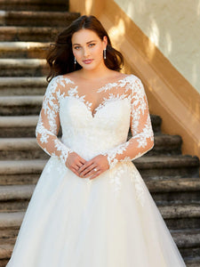 Long Sleeve Lace And Tulle Illusion Ballgown In Ivory Lt Gold Nude