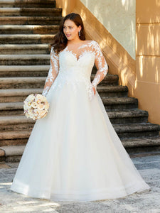 Long Sleeve Lace And Tulle Illusion Ballgown In Ivory Lt Gold Nude