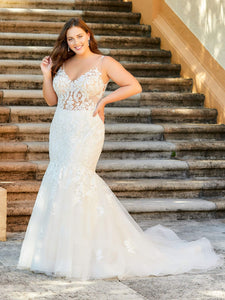 Hand-Beaded Lace And Tulle Mermaid Gown In Ivory Cafe Nude