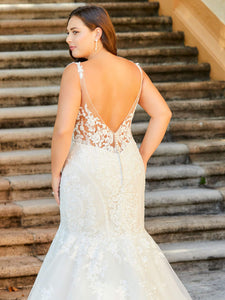 Hand-Beaded Lace And Tulle Mermaid Gown In Ivory Cafe Nude
