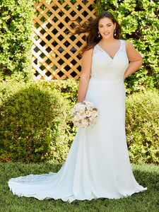 Lace And Crepe V-Neck Illusion Gown In Ivory Almond