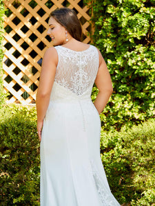 Lace And Crepe V-Neck Illusion Gown In Ivory Almond