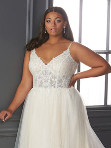 Lace And Sparkle Tulle A-Line Gown In Ivory Nude Silver